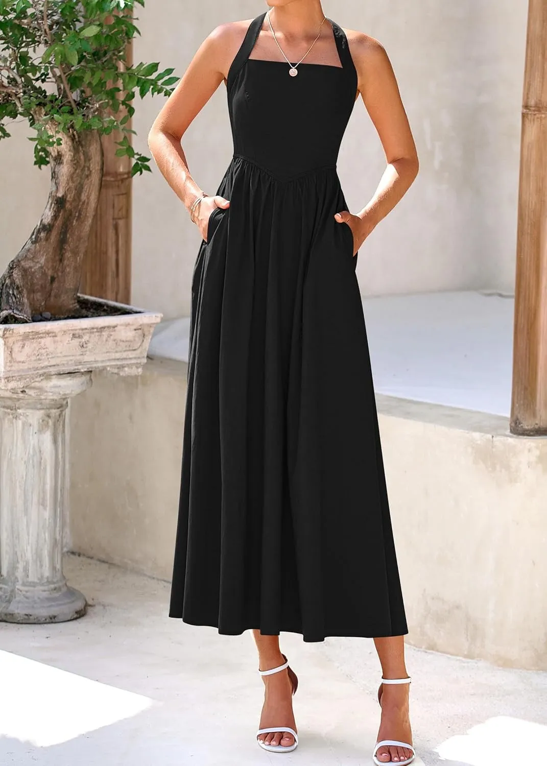 KIRUNDO Women Summer Sleeveless Halter Maxi Dress Sundress 2025 Casual Flowy Wedding Guest Cocktail Beach Vacation Dresses
