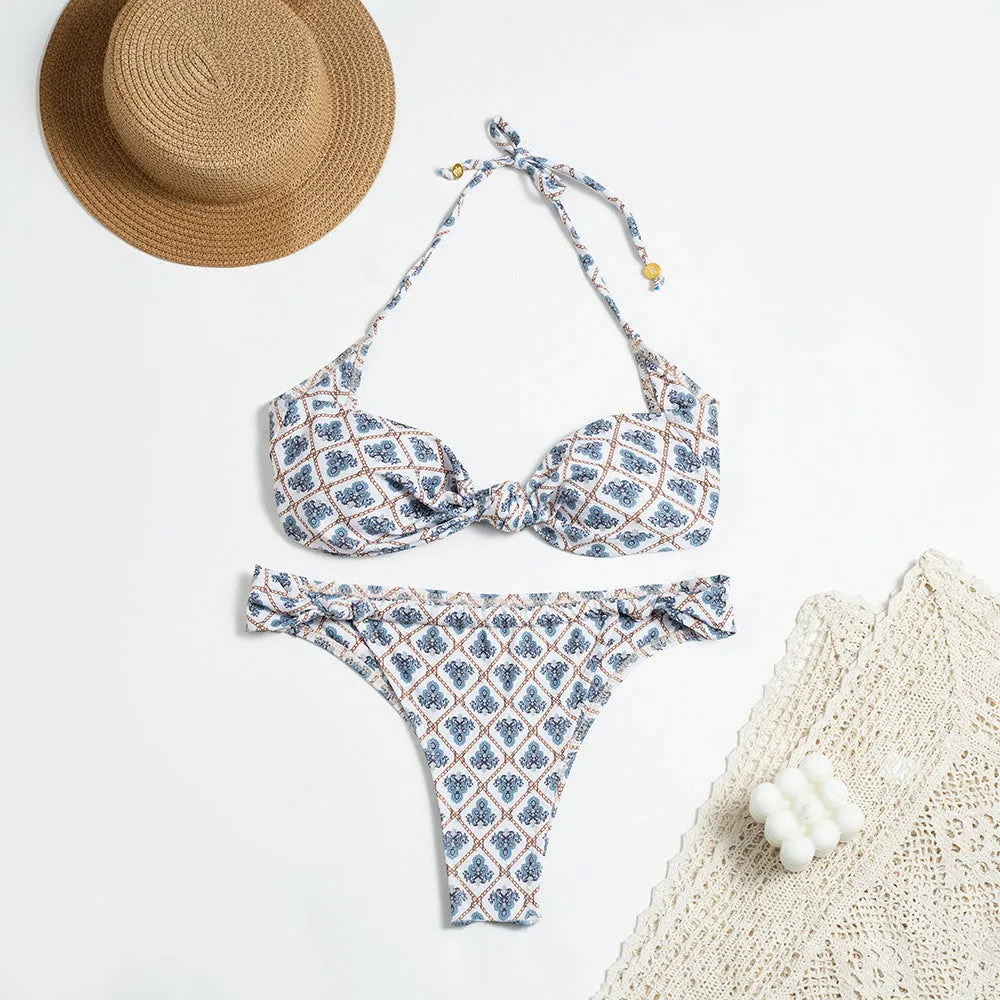 Knotted Strap Split Swimsuit Women Sexy Backless Bikini