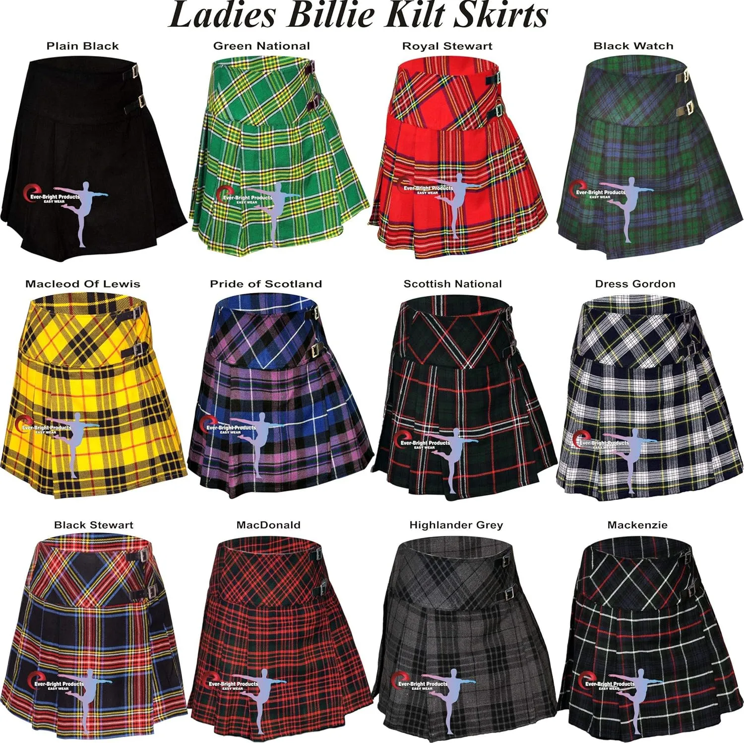 Ladies Girls Women Tartan Pleated Billie Kilt Skirt Leather Buckled Straps''26 to 50''