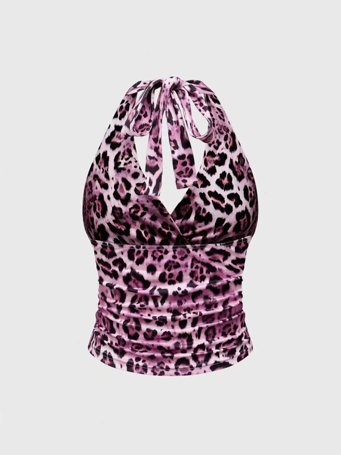 LOFAAC Women Sexy Leopard Print Tie Back Halter Crop Top Y2K Grunge Sleeveless Plunge V Neck Backless Ruched Cami Shirts