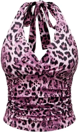 LOFAAC Women Sexy Leopard Print Tie Back Halter Crop Top Y2K Grunge Sleeveless Plunge V Neck Backless Ruched Cami Shirts