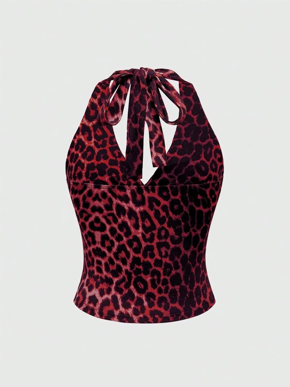 LOFAAC Women Sexy Leopard Print Tie Back Halter Crop Top Y2K Grunge Sleeveless Plunge V Neck Backless Ruched Cami Shirts