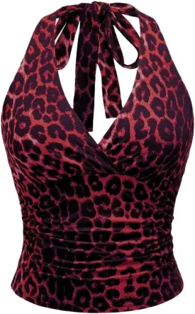 LOFAAC Women Sexy Leopard Print Tie Back Halter Crop Top Y2K Grunge Sleeveless Plunge V Neck Backless Ruched Cami Shirts