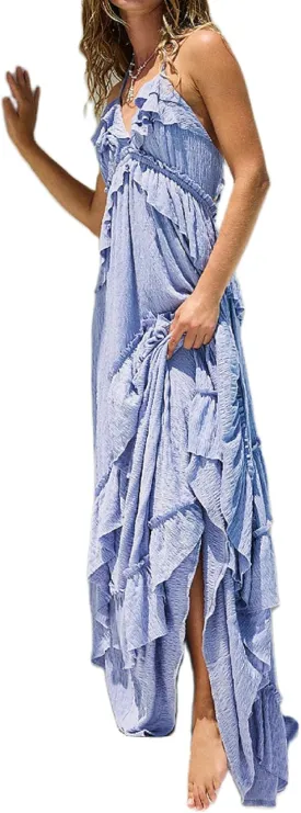 NUFIWI Sexy V Neck Backless Asymmetrical Ruffle Maxi Dress Halter Neck Sleeveless Long Dress Cutout Flowy Tiered Sundresses