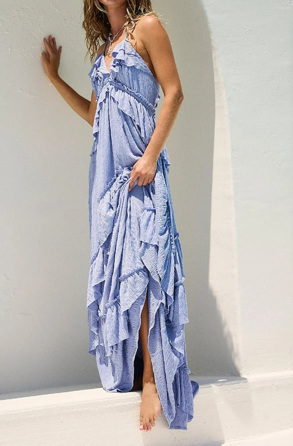 NUFIWI Sexy V Neck Backless Asymmetrical Ruffle Maxi Dress Halter Neck Sleeveless Long Dress Cutout Flowy Tiered Sundresses