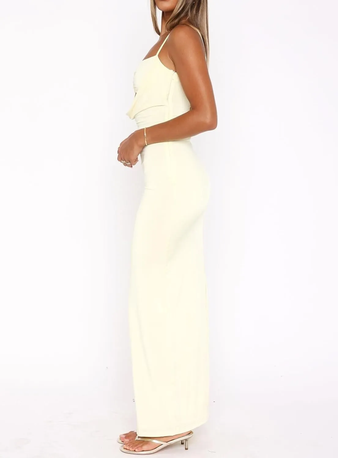 NUFIWI Women Sexy Cutout Long Dress Spaghetti Strap Ruched Bodycon Maxi Dress Backless Hollow Cocktail Dresses