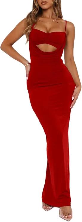 NUFIWI Women Sexy Cutout Long Dress Spaghetti Strap Ruched Bodycon Maxi Dress Backless Hollow Cocktail Dresses