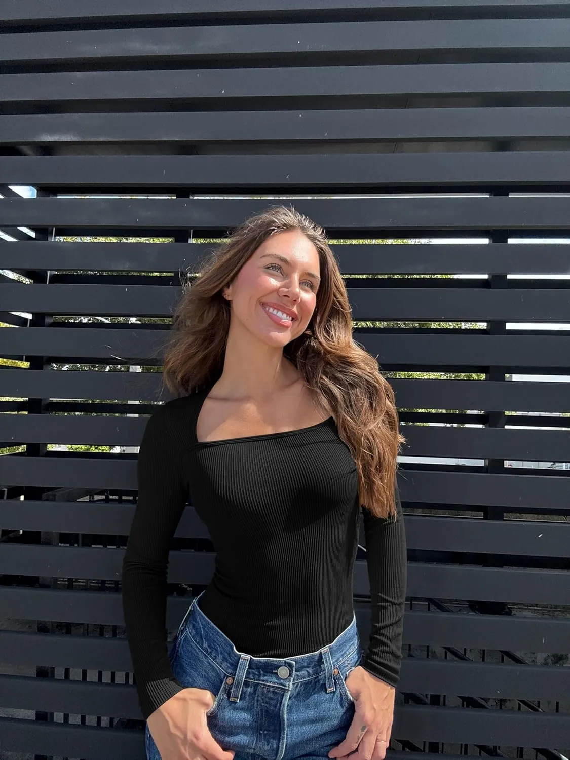 OQQ Women's Bodysuits Sexy Ribbed Square Neck Long Sleeve Tummy Control Casual Fall Bodysuits