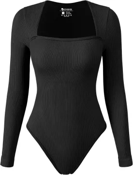 OQQ Women's Bodysuits Sexy Ribbed Square Neck Long Sleeve Tummy Control Casual Fall Bodysuits
