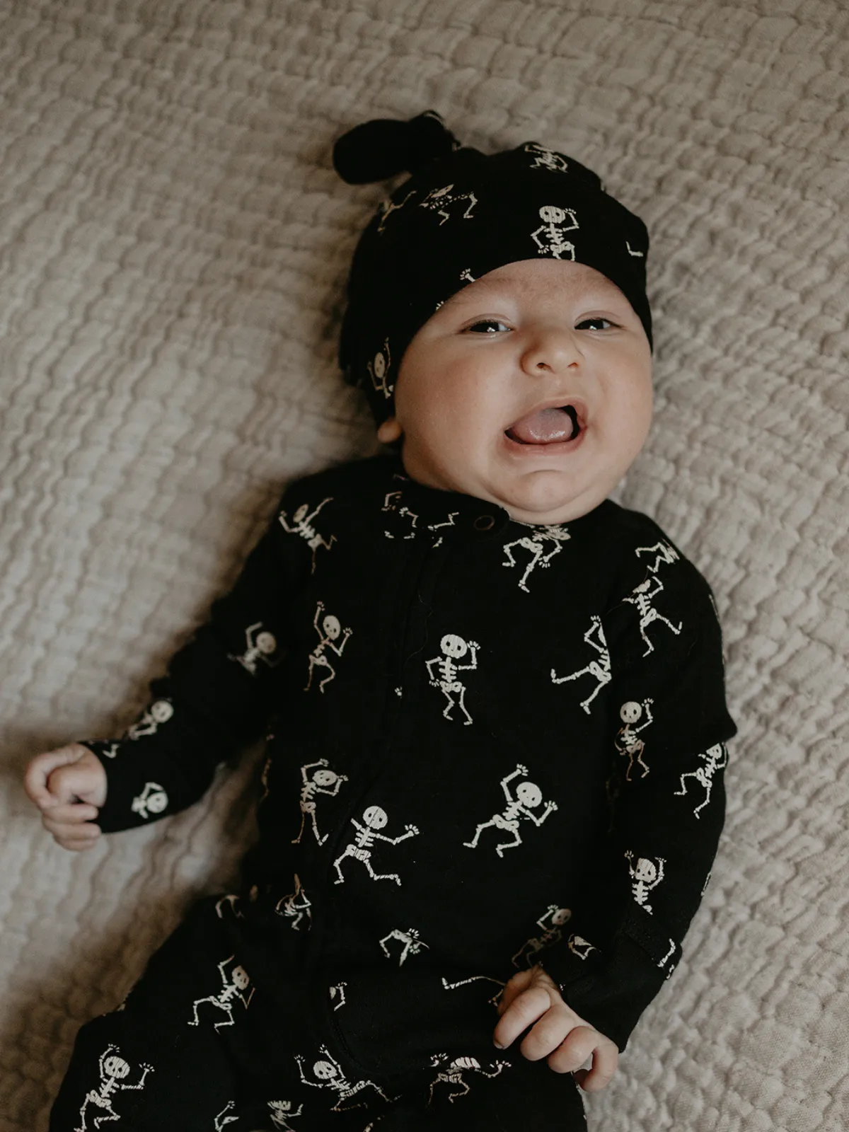Organic Banded Top-Knot Beanie, Dancing Skeletons
