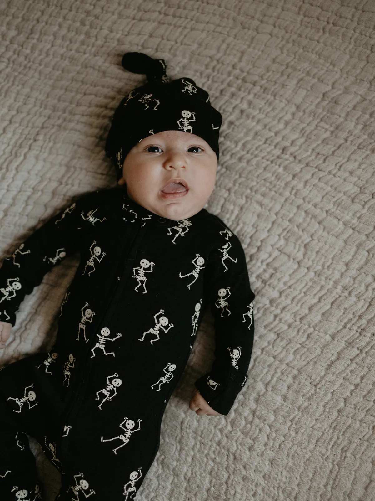 Organic Banded Top-Knot Beanie, Dancing Skeletons