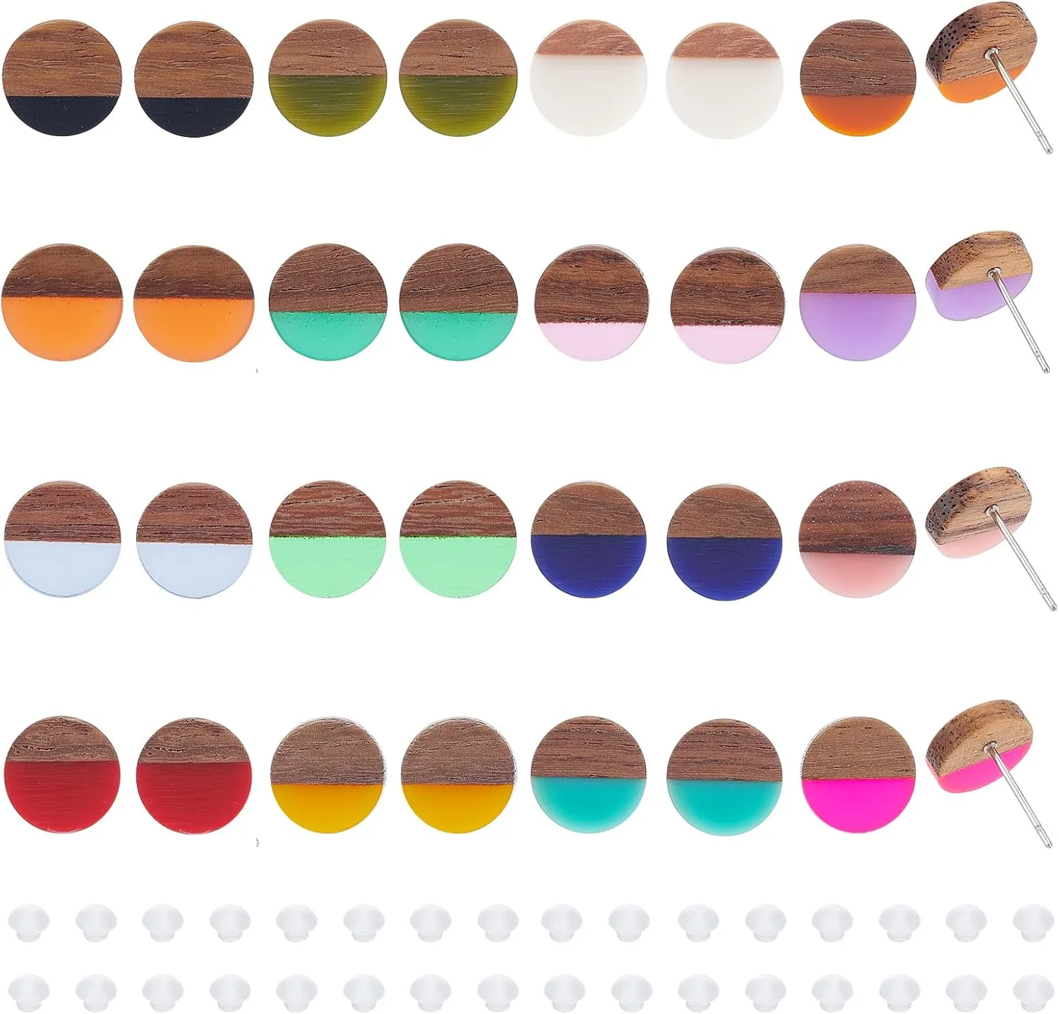 PH PandaHall 16 Pairs Wood Resin Stud Earrings, 16 Style Flat Round Wood Post Stud Earrings Walnut Wood Statement with 316 Stainless Steel Pins for Women Friends Mom Gifts