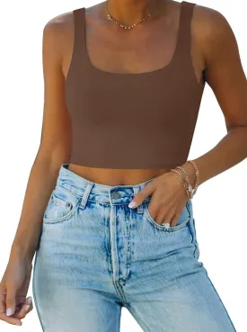 REORIA Womens Sexy Square Neck Double Lined Seamless Sleeveless Cropped Tank Yoga Crop Basic Tops