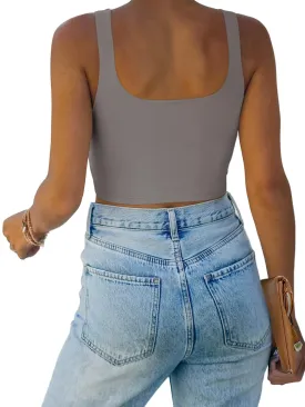 REORIA Womens Sexy Square Neck Double Lined Seamless Sleeveless Cropped Tank Yoga Crop Basic Tops