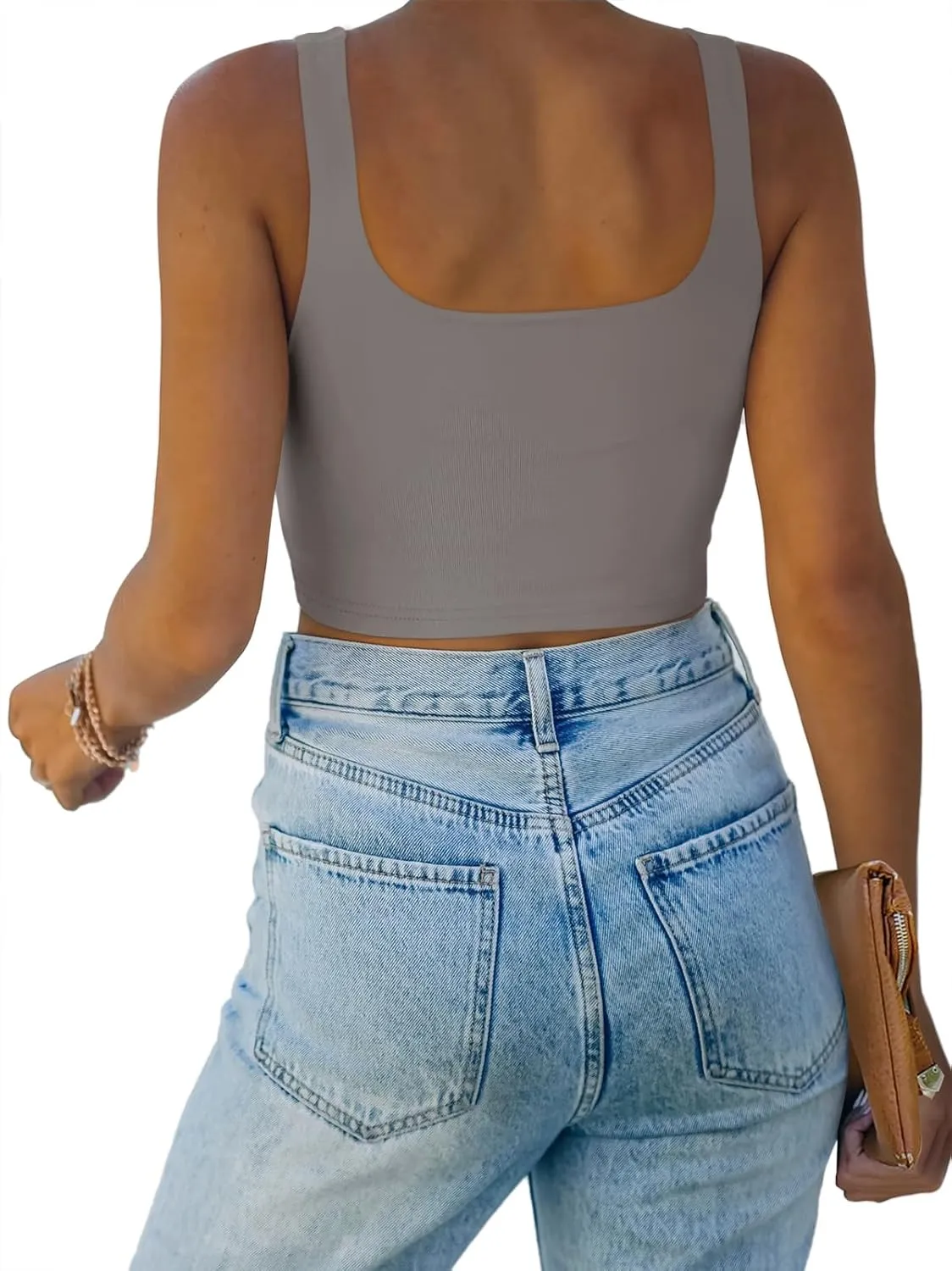 REORIA Womens Sexy Square Neck Double Lined Seamless Sleeveless Cropped Tank Yoga Crop Basic Tops