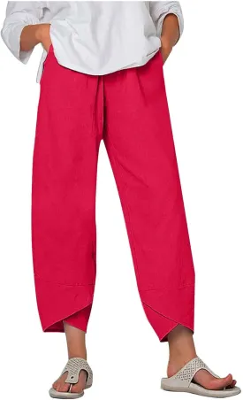 Ruziyoog Cotton Linen Pants for Women 2025 Trendy Lightweight Drawstring High Waist Capri Pant Palazzo Lounge Pants Trousers