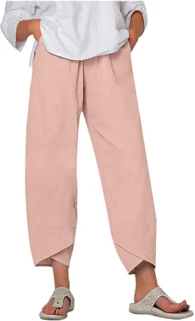 Ruziyoog Cotton Linen Pants for Women 2025 Trendy Lightweight Drawstring High Waist Capri Pant Palazzo Lounge Pants Trousers