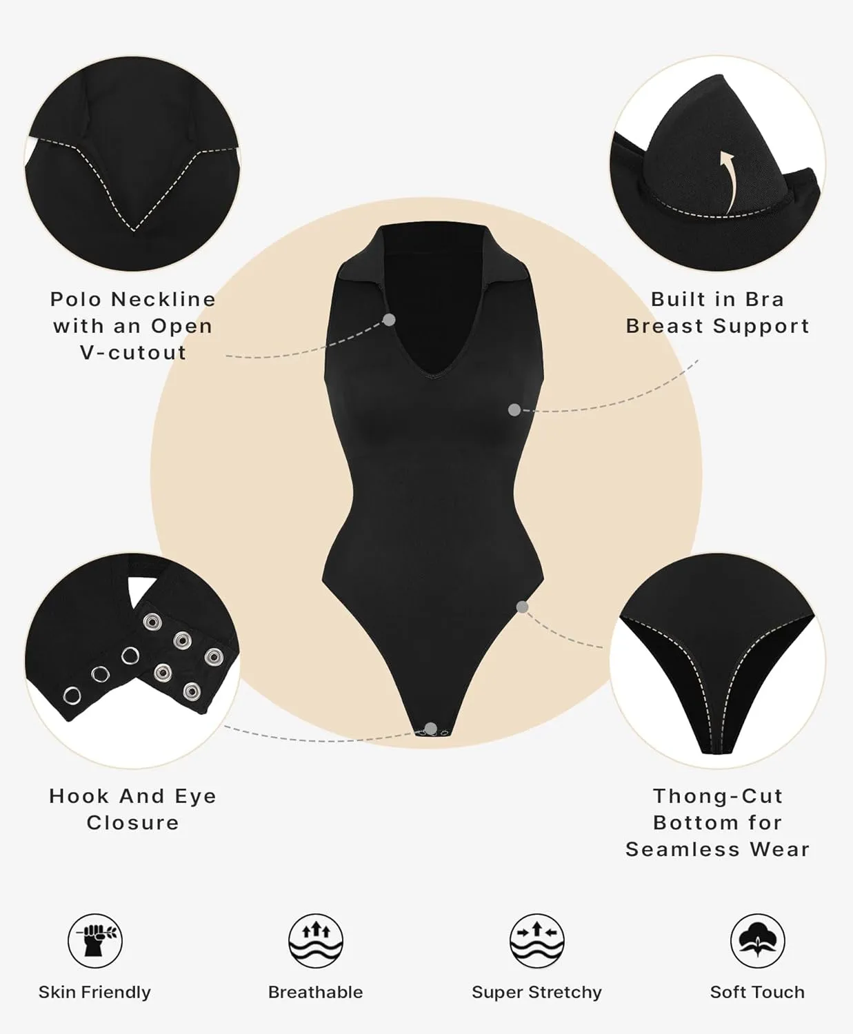 SHAPELLX Polo Sleeveless Bodysuit for Woman Tummy Control Open V-neckline Seamless Casual Work Tops Shapewear Going Out Tops