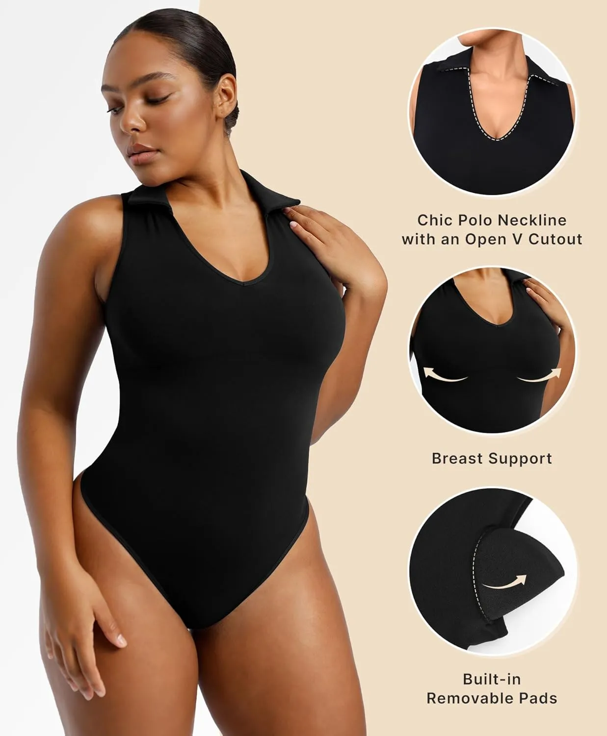 SHAPELLX Polo Sleeveless Bodysuit for Woman Tummy Control Open V-neckline Seamless Casual Work Tops Shapewear Going Out Tops