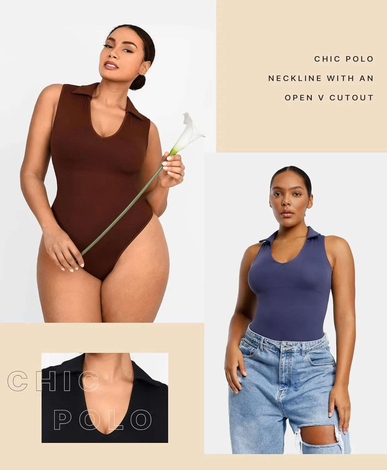 SHAPELLX Polo Sleeveless Bodysuit for Woman Tummy Control Open V-neckline Seamless Casual Work Tops Shapewear Going Out Tops