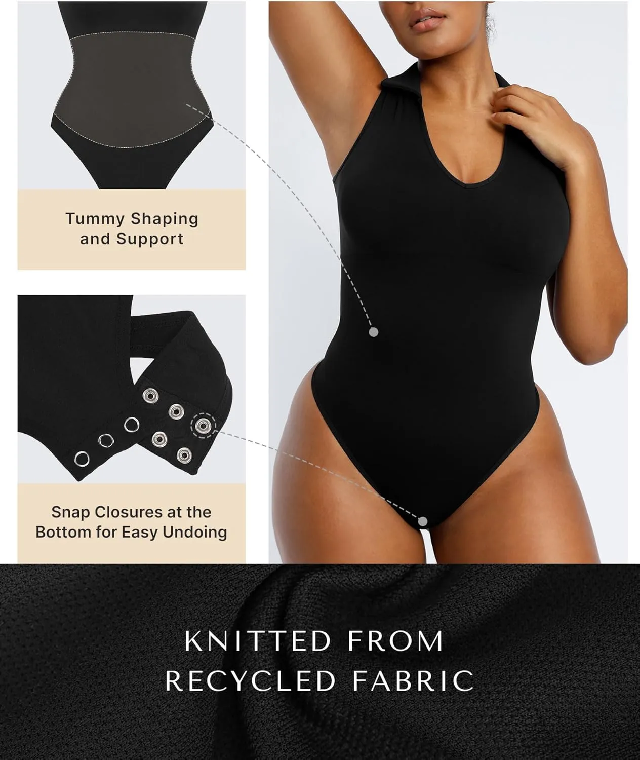 SHAPELLX Polo Sleeveless Bodysuit for Woman Tummy Control Open V-neckline Seamless Casual Work Tops Shapewear Going Out Tops