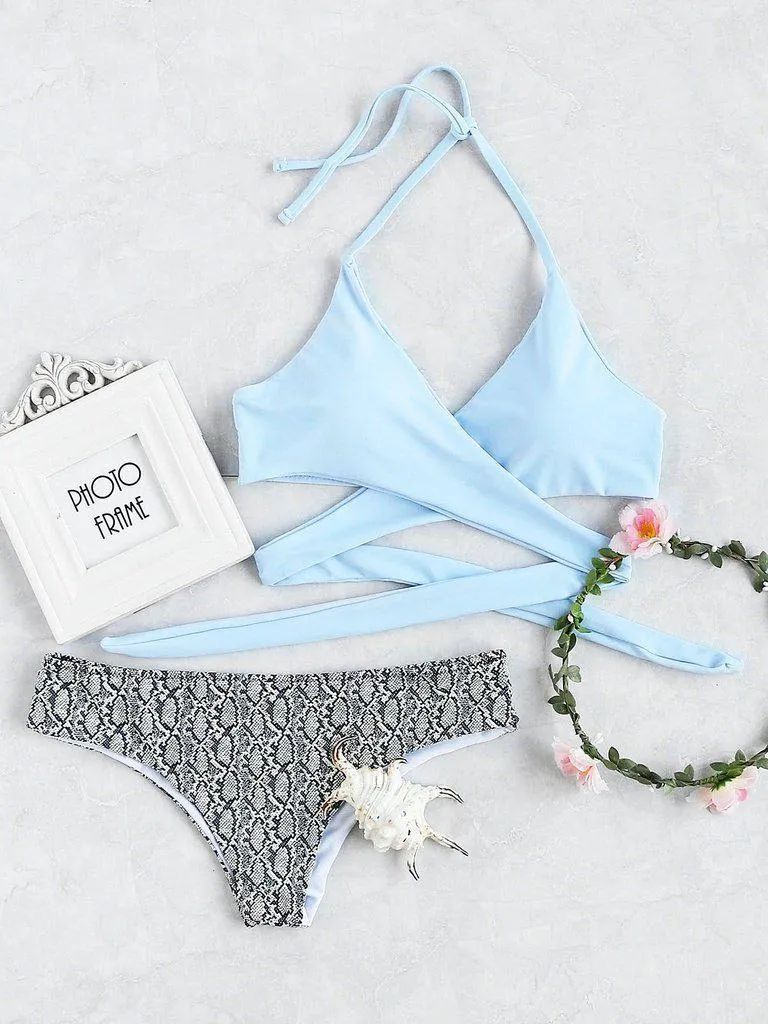 Snake Print Halter Wrap Knotted Back Bikini Set