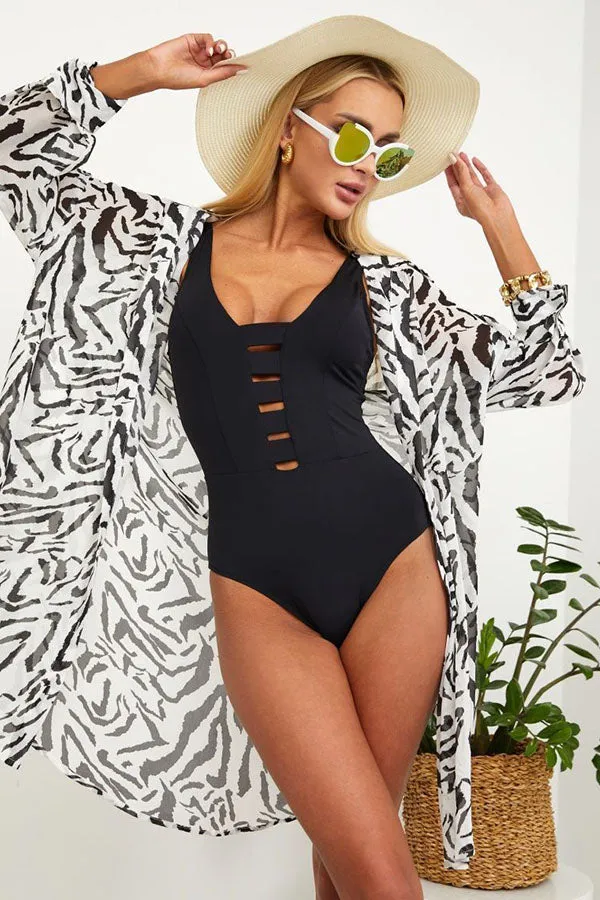 Solid Color Simple Cutout Design One Piece Swimwear
