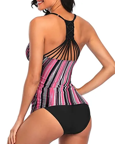 Tummy Control Two Piece Tankini Set V Neck Tankini Top and Swim Bottom for Women