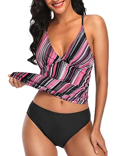 Tummy Control Two Piece Tankini Set V Neck Tankini Top and Swim Bottom for Women