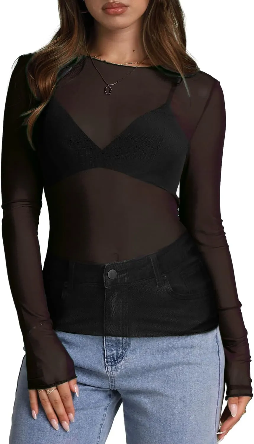WIHOLL Womens Mesh Sheer Tops Sexy Crew Neck Summer Loose FIt Party Clubwear Shirts