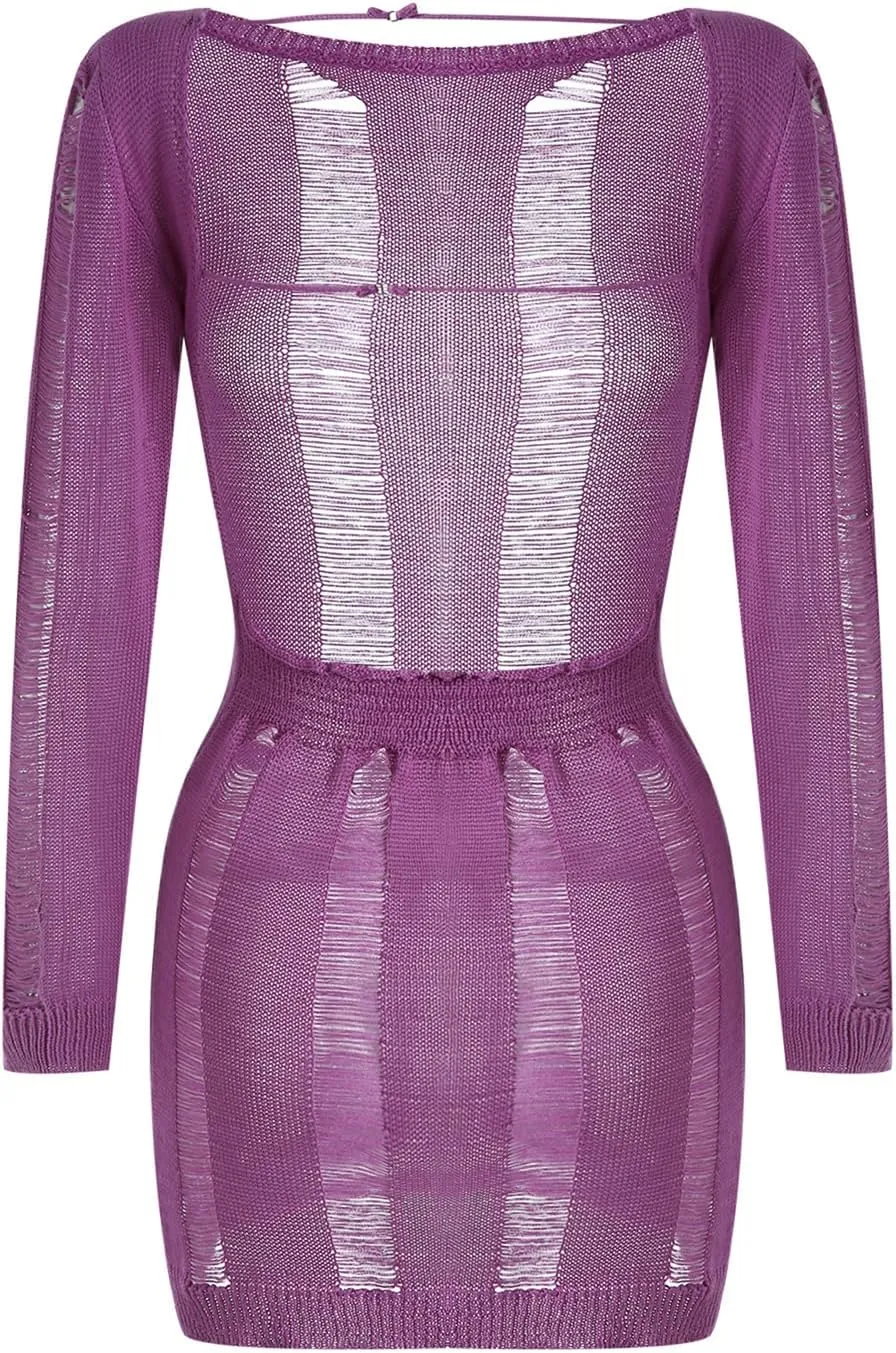 Women Crochet Knitted Dress Ripped Hollow Out Backless Long Sleeve Mini Sweater Dress Cutout Summer Beach Streetwear