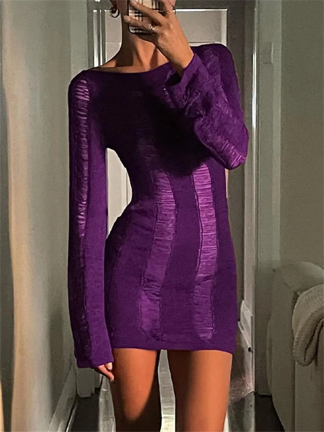 Women Crochet Knitted Dress Ripped Hollow Out Backless Long Sleeve Mini Sweater Dress Cutout Summer Beach Streetwear