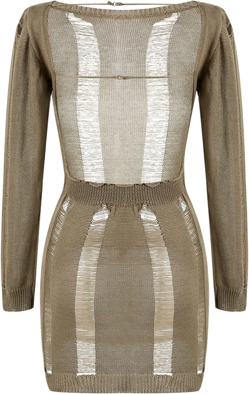 Women Crochet Knitted Dress Ripped Hollow Out Backless Long Sleeve Mini Sweater Dress Cutout Summer Beach Streetwear