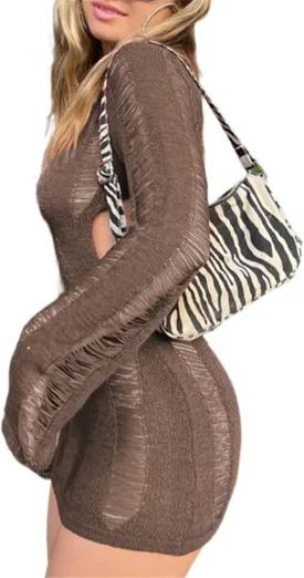 Women Crochet Knitted Dress Ripped Hollow Out Backless Long Sleeve Mini Sweater Dress Cutout Summer Beach Streetwear