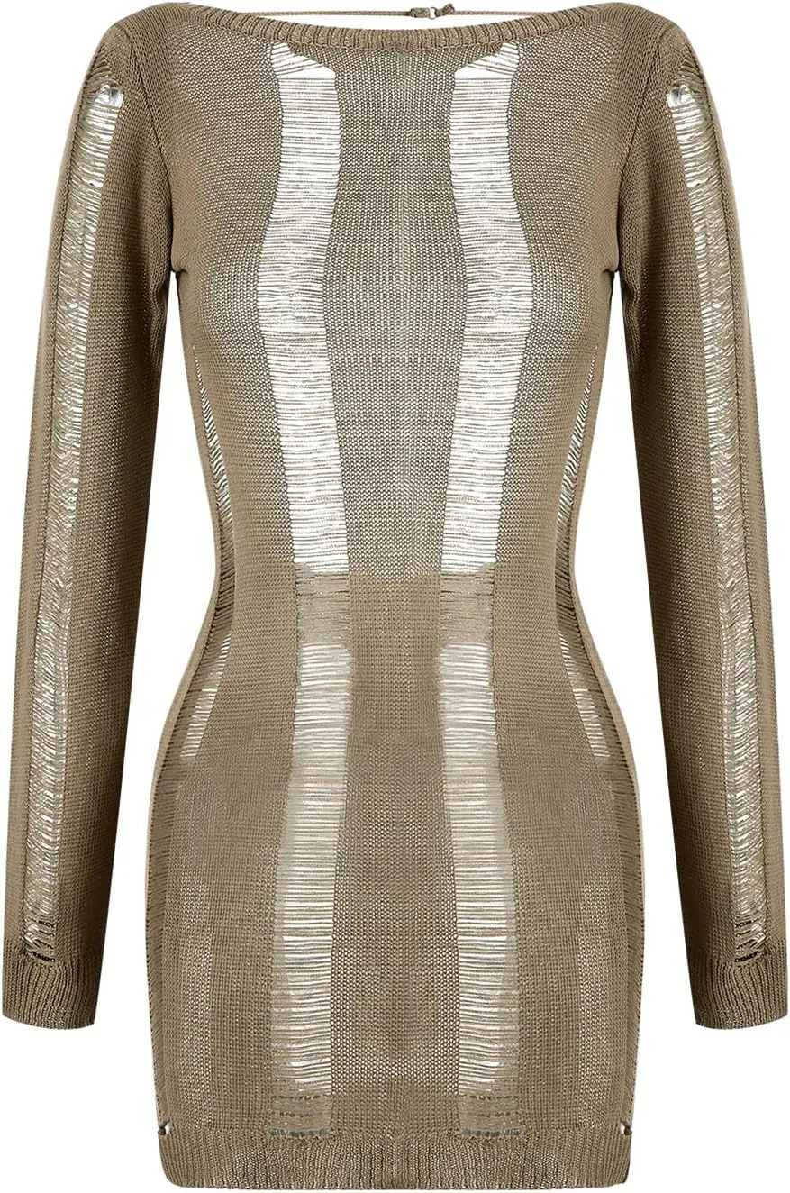 Women Crochet Knitted Dress Ripped Hollow Out Backless Long Sleeve Mini Sweater Dress Cutout Summer Beach Streetwear