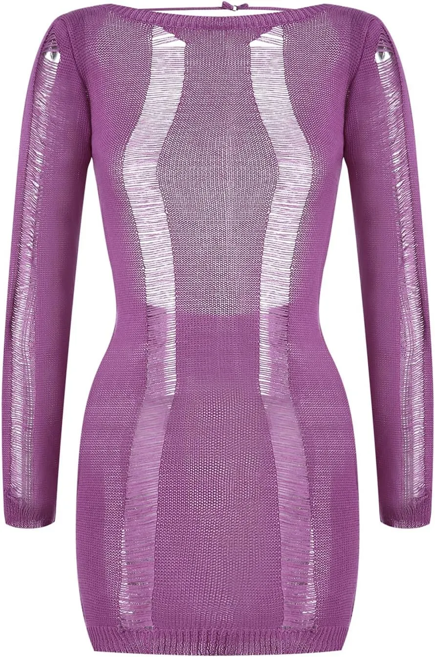 Women Crochet Knitted Dress Ripped Hollow Out Backless Long Sleeve Mini Sweater Dress Cutout Summer Beach Streetwear