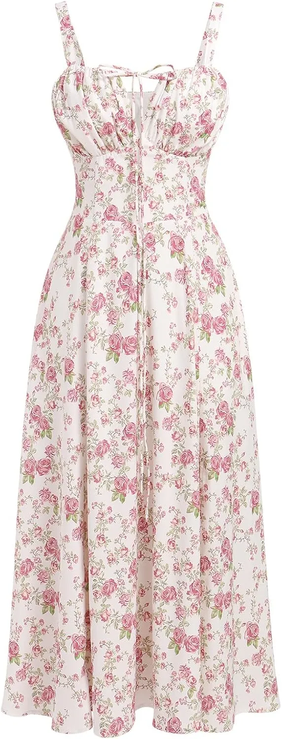 Women Floral Corset Dress Sleeveless Square Neck Spaghetti Straps Dress Boho Holiday Flowy Midi Bustier Sundress
