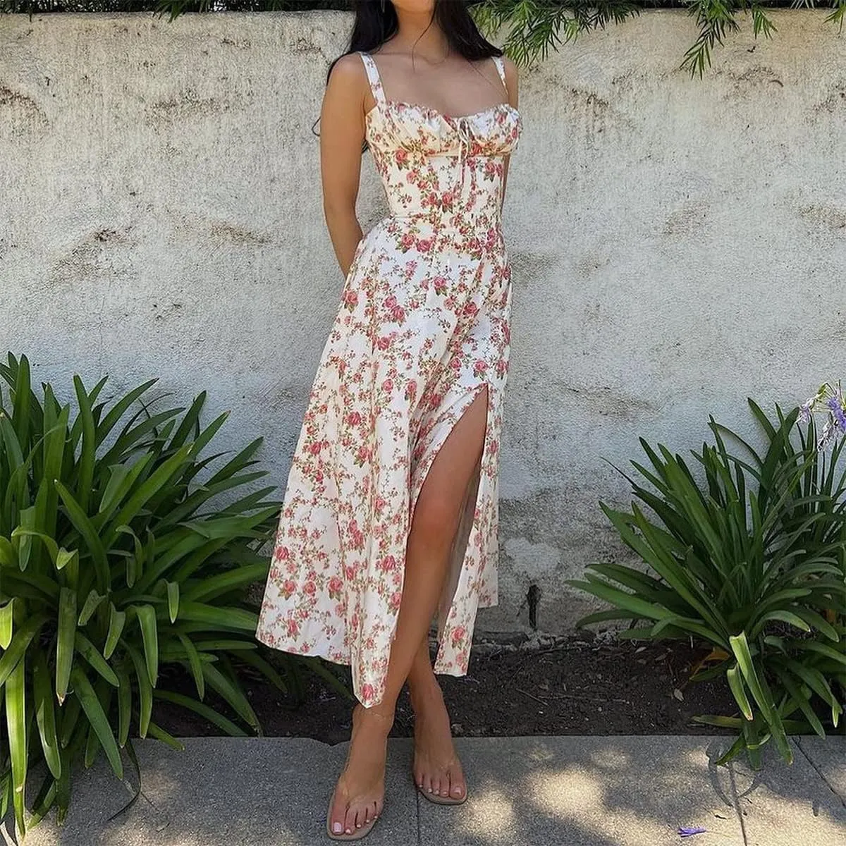Women Floral Corset Dress Sleeveless Square Neck Spaghetti Straps Dress Boho Holiday Flowy Midi Bustier Sundress