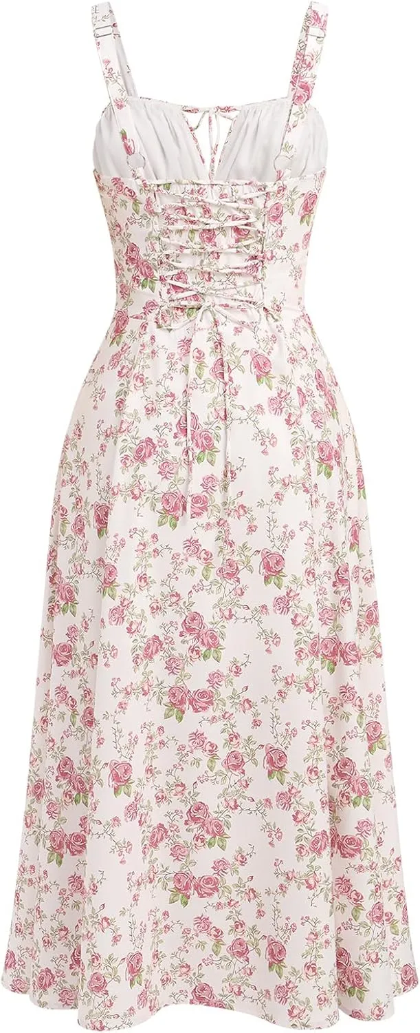 Women Floral Corset Dress Sleeveless Square Neck Spaghetti Straps Dress Boho Holiday Flowy Midi Bustier Sundress