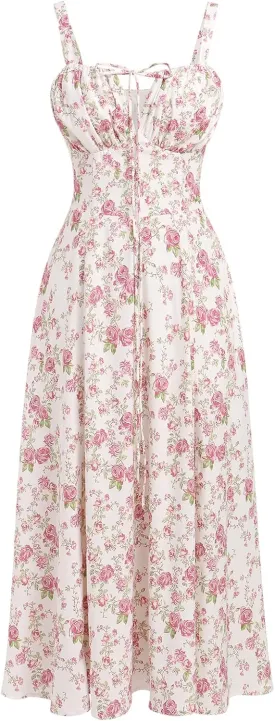 Women Floral Corset Dress Sleeveless Square Neck Spaghetti Straps Dress Boho Holiday Flowy Midi Bustier Sundress