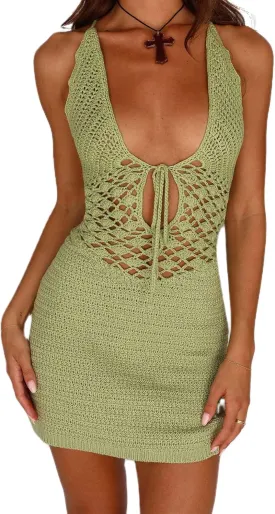 Women Y2k Crochet Mini Dress Sexy V Neck Halter Backless Cutout Knit Bodycon Short Dress Beach Party Club Coverups