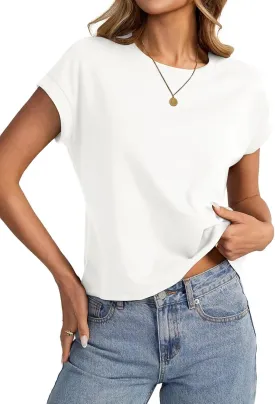 Womens Cap Sleeve Crop Tops Cotton T Shirts Crewneck Loose Fit Short Sleeves Tee Summer Fashion Clothes 2025