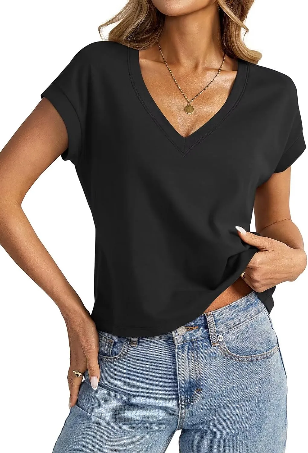 Womens Cap Sleeve Crop Tops Cotton V Neck T Shirt Boxy Loose Fit Short Sleeves Tee Summer Fashion Clothes 2025