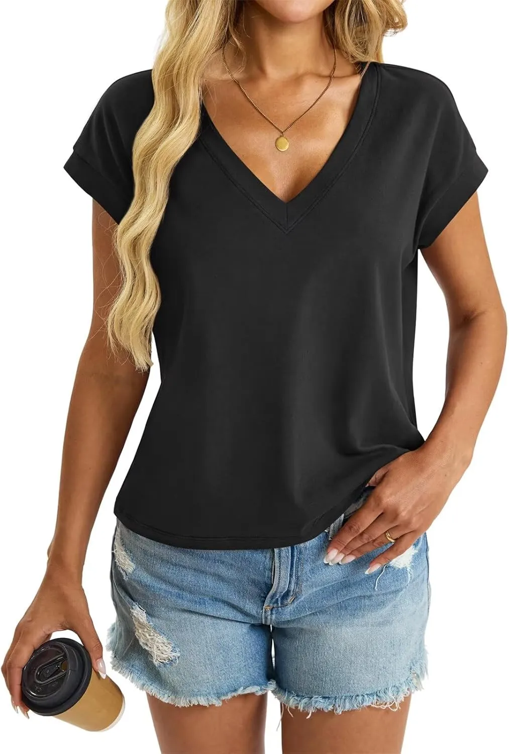 Womens Cap Sleeve Crop Tops Cotton V Neck T Shirt Boxy Loose Fit Short Sleeves Tee Summer Fashion Clothes 2025