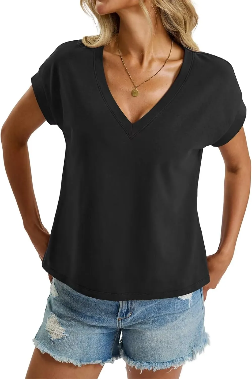 Womens Cap Sleeve Crop Tops Cotton V Neck T Shirt Boxy Loose Fit Short Sleeves Tee Summer Fashion Clothes 2025