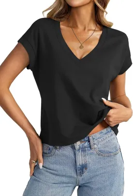 Womens Cap Sleeve Crop Tops Cotton V Neck T Shirt Boxy Loose Fit Short Sleeves Tee Summer Fashion Clothes 2025