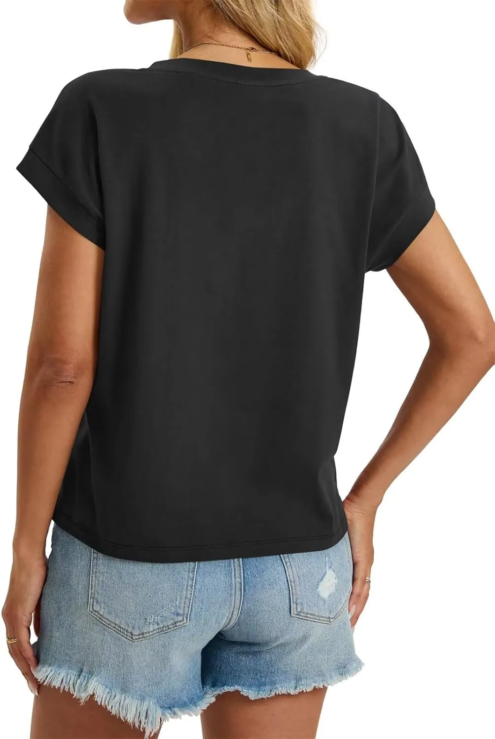 Womens Cap Sleeve Crop Tops Cotton V Neck T Shirt Boxy Loose Fit Short Sleeves Tee Summer Fashion Clothes 2025