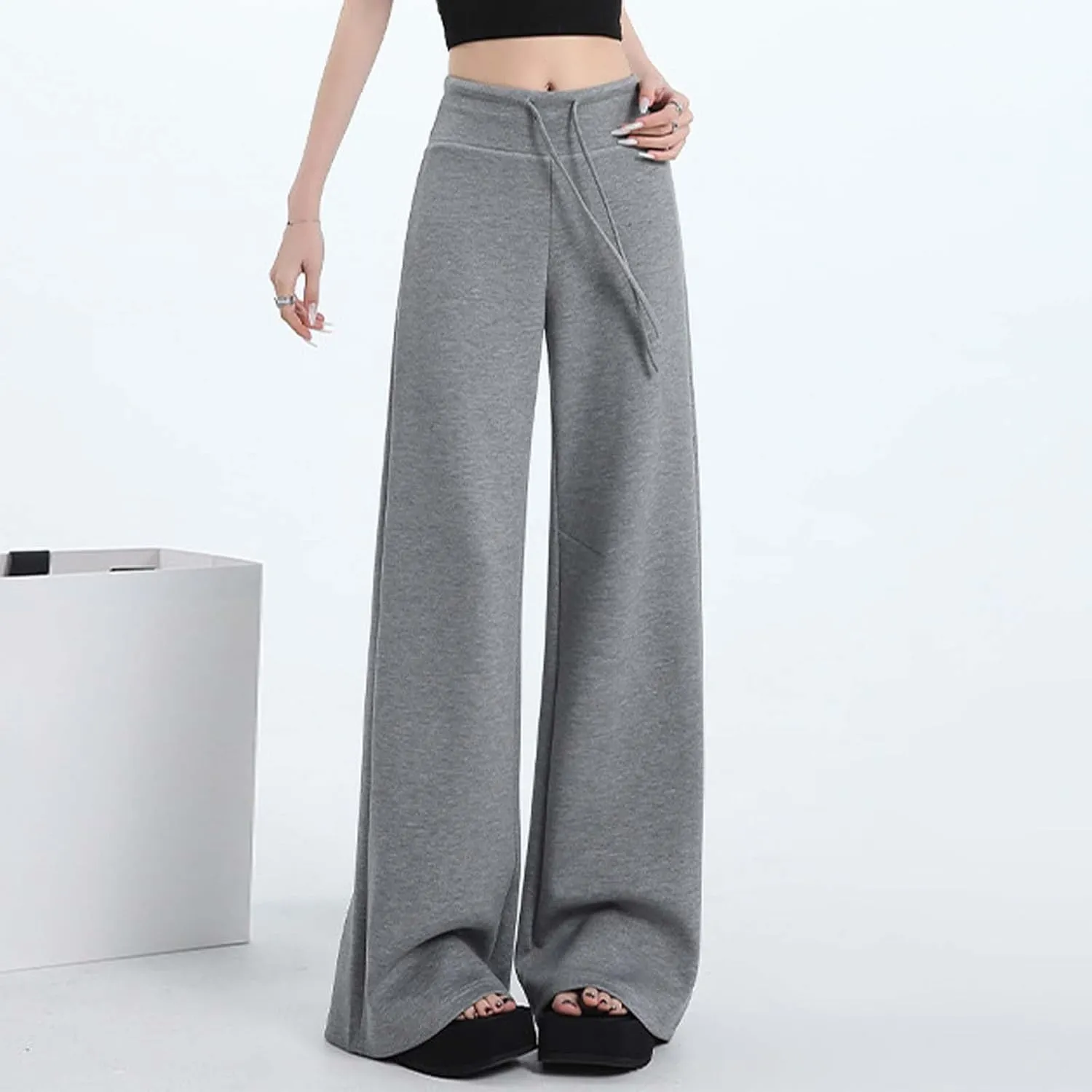Women's Casual Wide Leg Pants High Waist Comfortable Pull On Pure Color Loose Fit Elastic Waistband with Pockets