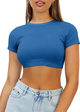 Womens Crop Tops Crewneck Y2K Summer T-Shirt Basic Short Sleeve Fitted Knit Ribbed Casual Blouse Cute Tee Shirt