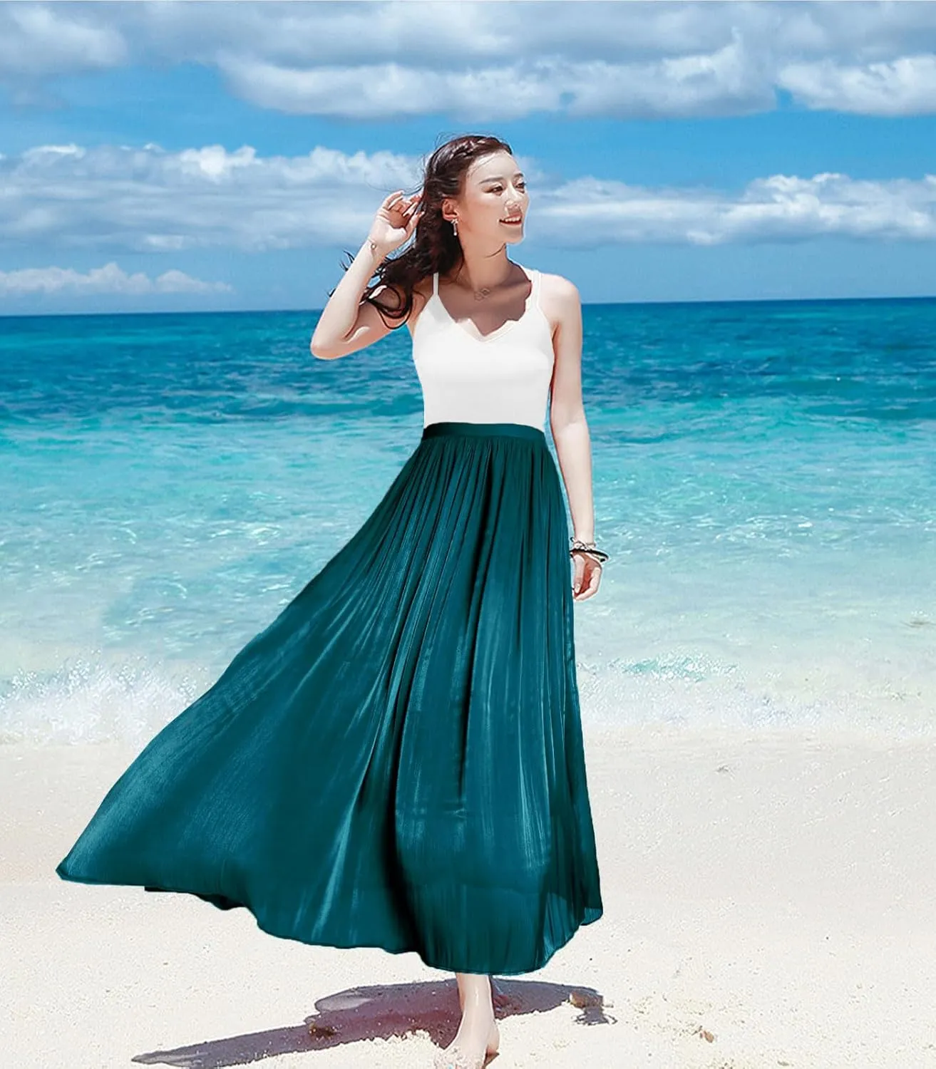Women's Metallic Shiny Maxi Skirts Lightweight Silky Flowy Skirt for Summer Beach Holiday